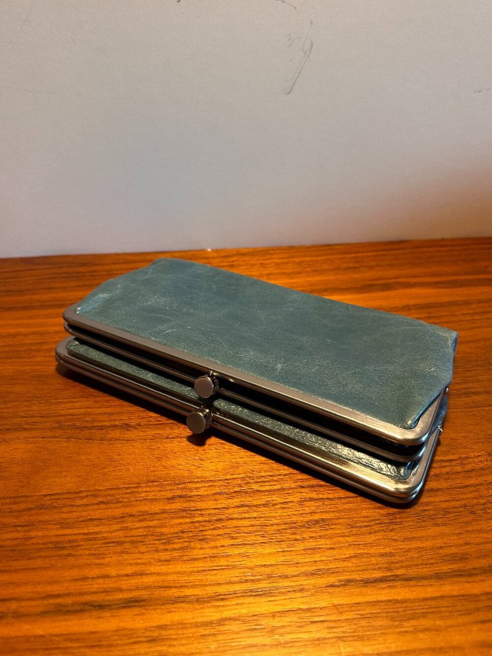 Vintage Hobo Teal/Blue-green Leather Double Frame Magnet Clasp Clutch Wallet